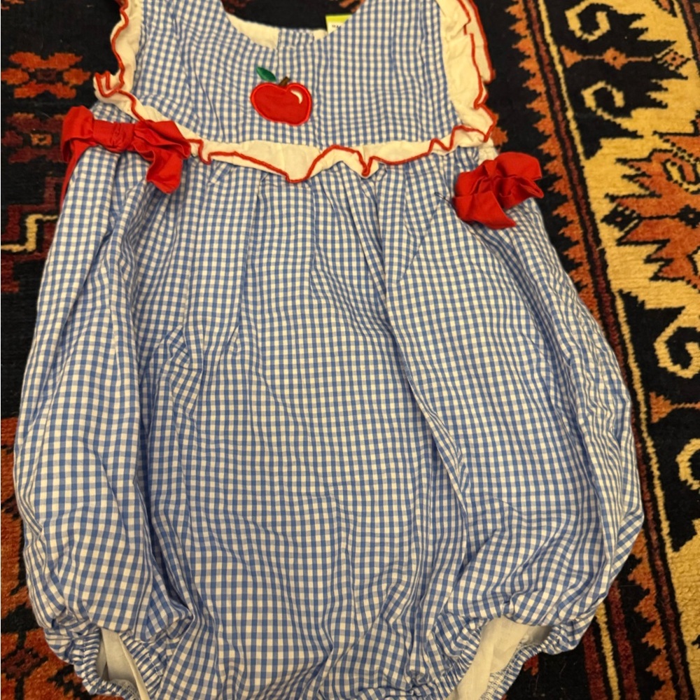 B67 Classic Whimsy 3t Blue Gingham Apple Appliqué Baby One-Piece Bodysuit